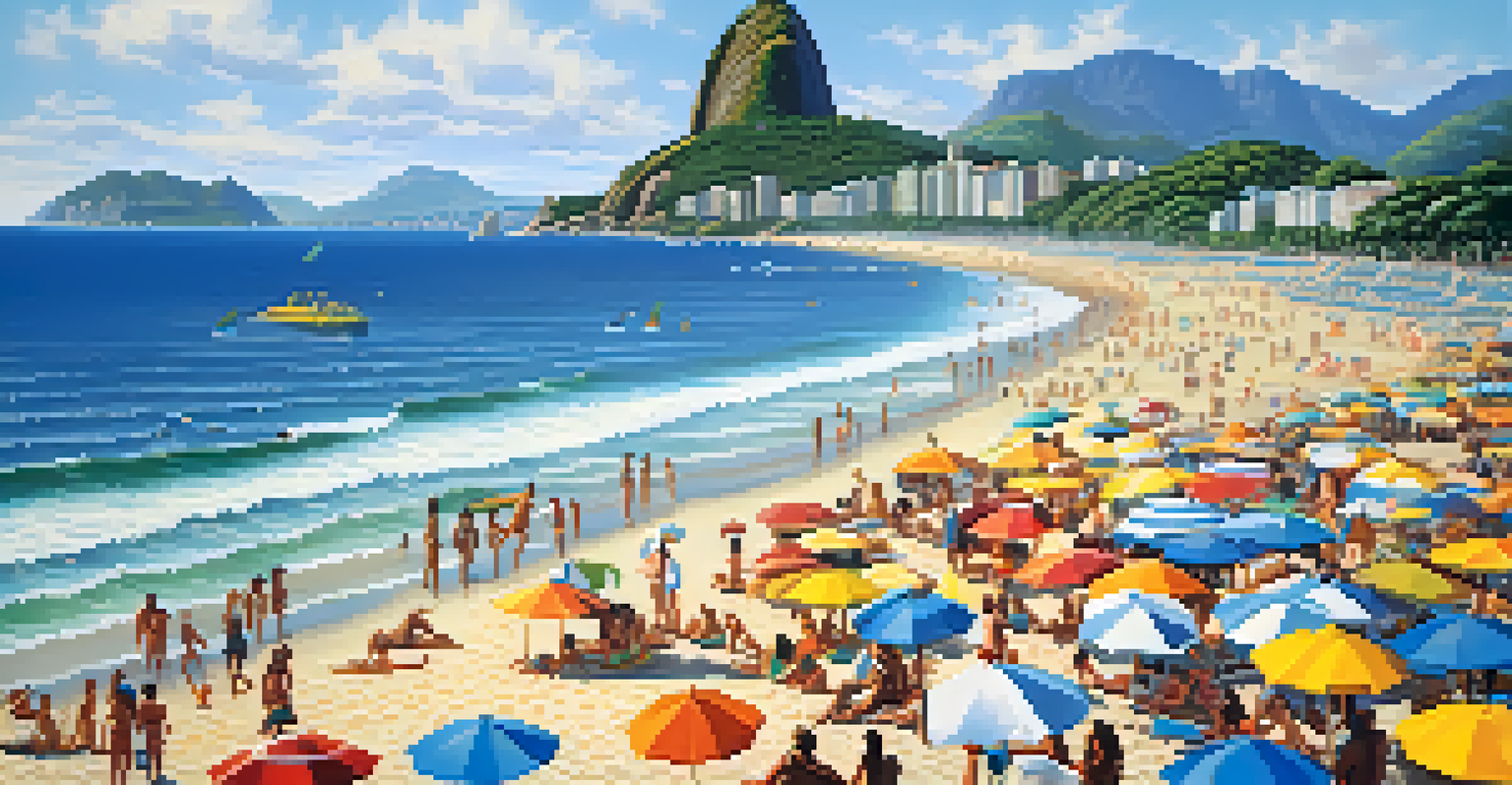 A vibrant beach scene in Rio de Janeiro with the Christ the Redeemer statue in the background and beachgoers enjoying the sun.