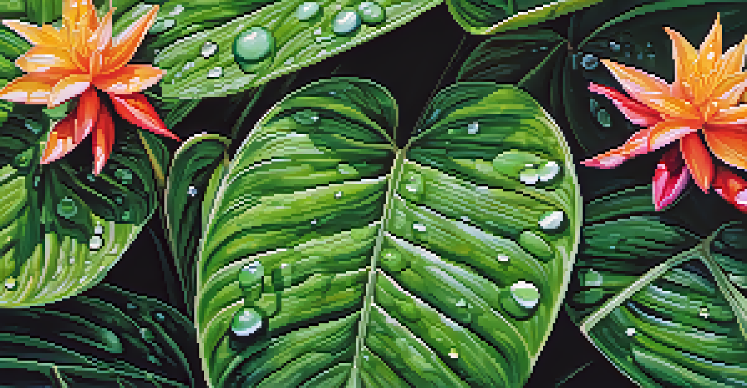 Close-up of flowers and plants in the Atlantic Forest with water droplets on leaves and vibrant colors.
