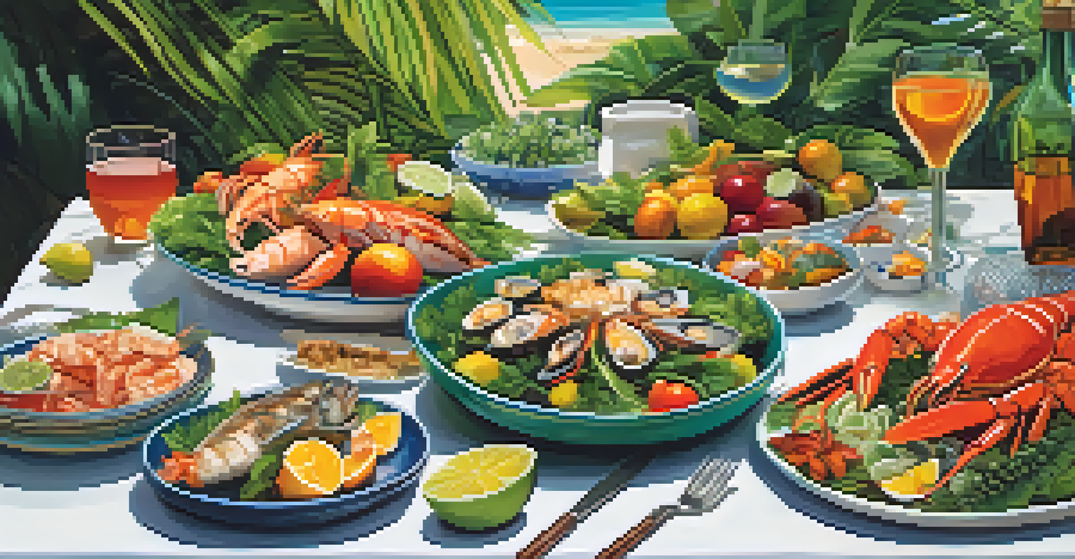 An outdoor dining arrangement in Brazil featuring a table with colorful plates of grilled seafood, salads, and tropical fruits, surrounded by lush greenery.