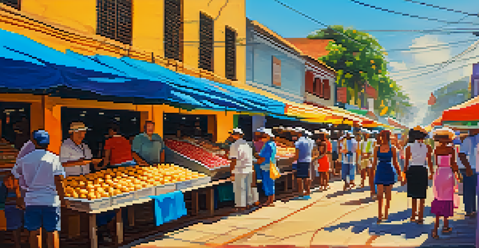A busy street food market in Brazil with colorful stalls and various traditional snacks being sold, filled with people enjoying the lively atmosphere.