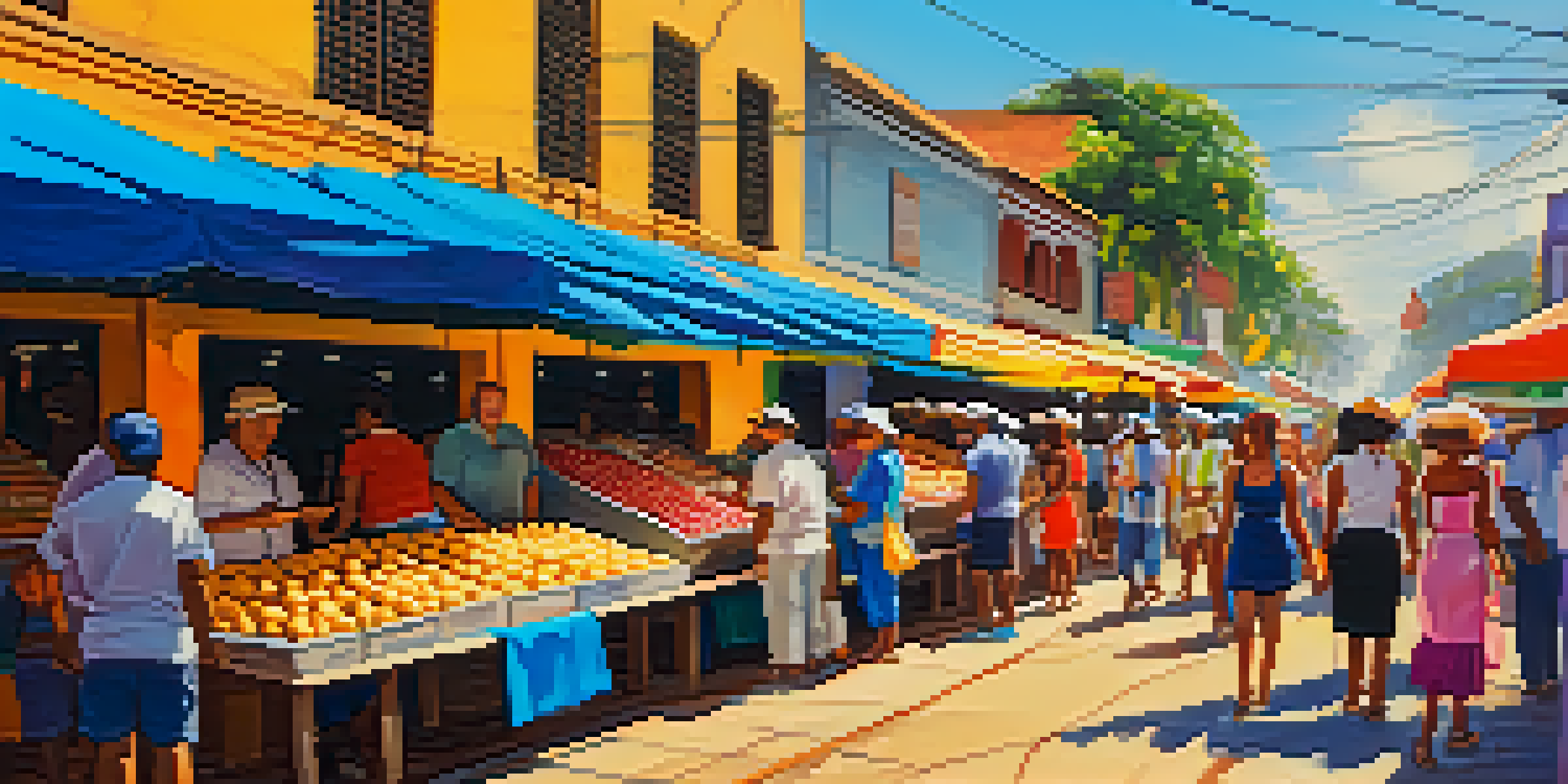 A busy street food market in Brazil with colorful stalls and various traditional snacks being sold, filled with people enjoying the lively atmosphere.