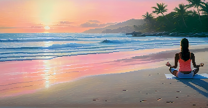 A person practicing yoga on a beach at sunrise, surrounded by palm trees and gentle ocean waves.