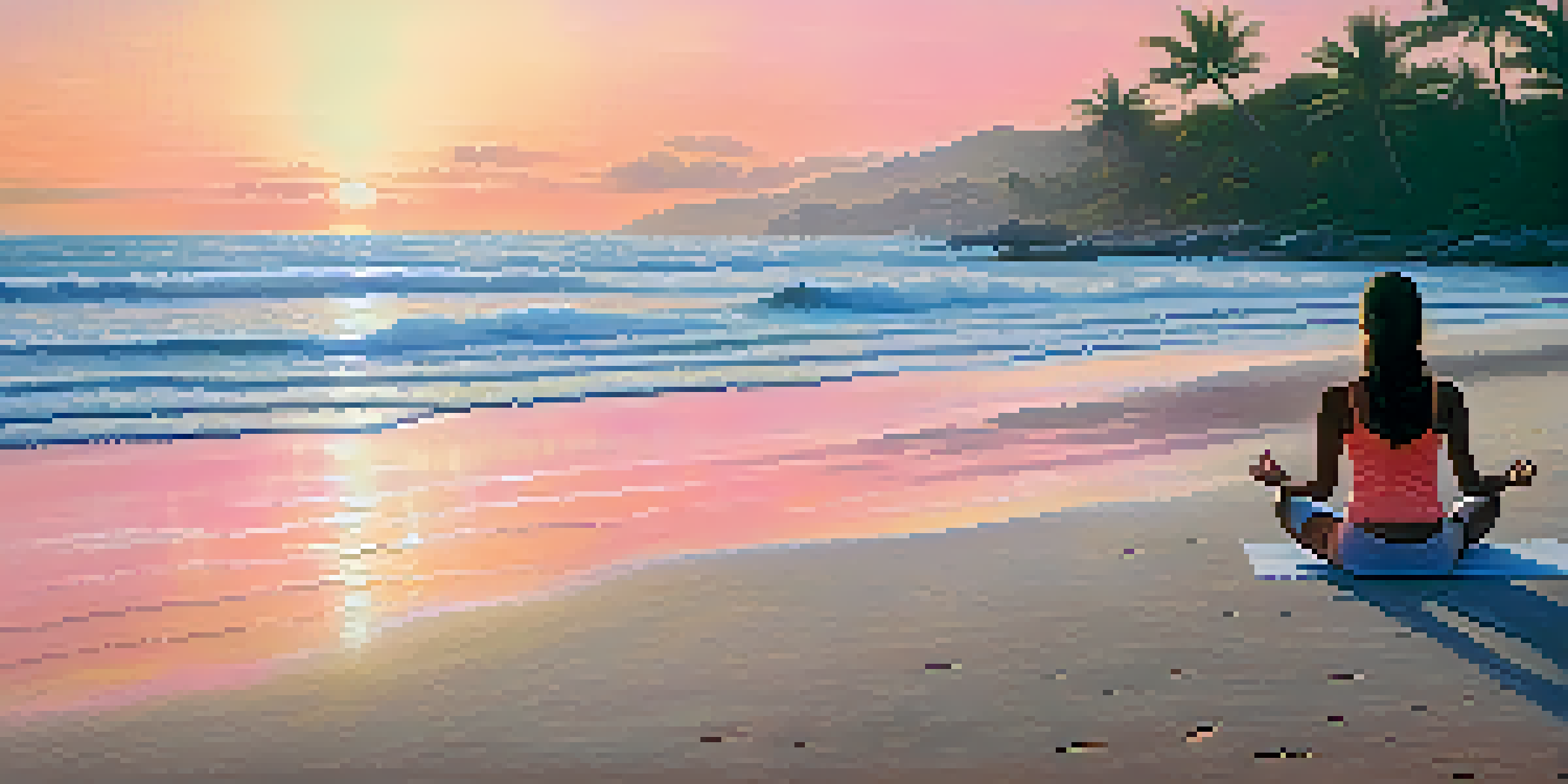 A person practicing yoga on a beach at sunrise, surrounded by palm trees and gentle ocean waves.