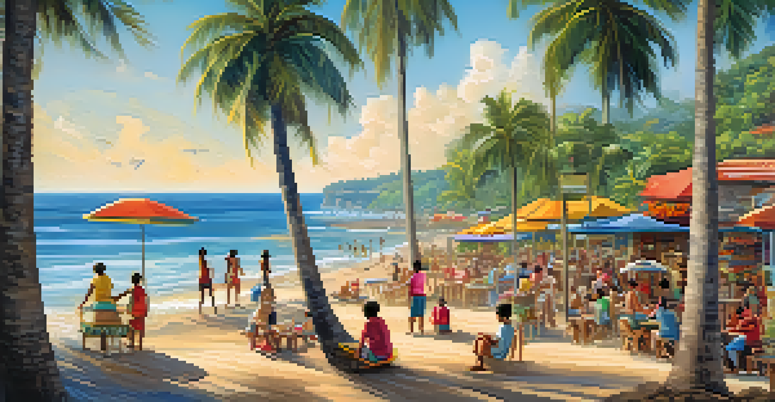 A coastal park scene with families playing, relaxing under palm trees, and enjoying local food stalls along the beach.