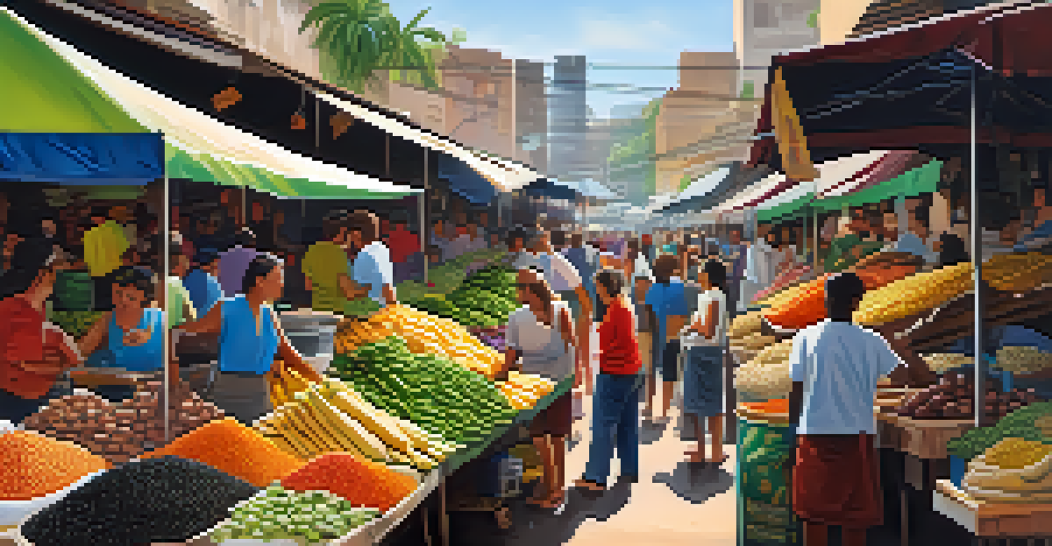 A lively urban market in Brazil with stalls displaying Amazonian ingredients like açaí and Brazil nuts, filled with people and colorful banners.
