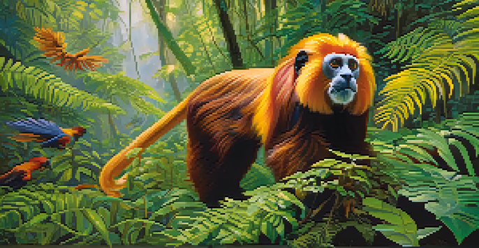 A colorful view of the Atlantic Forest with lush ferns and wildflowers, and a golden lion tamarin in the trees, illuminated by soft sunlight.