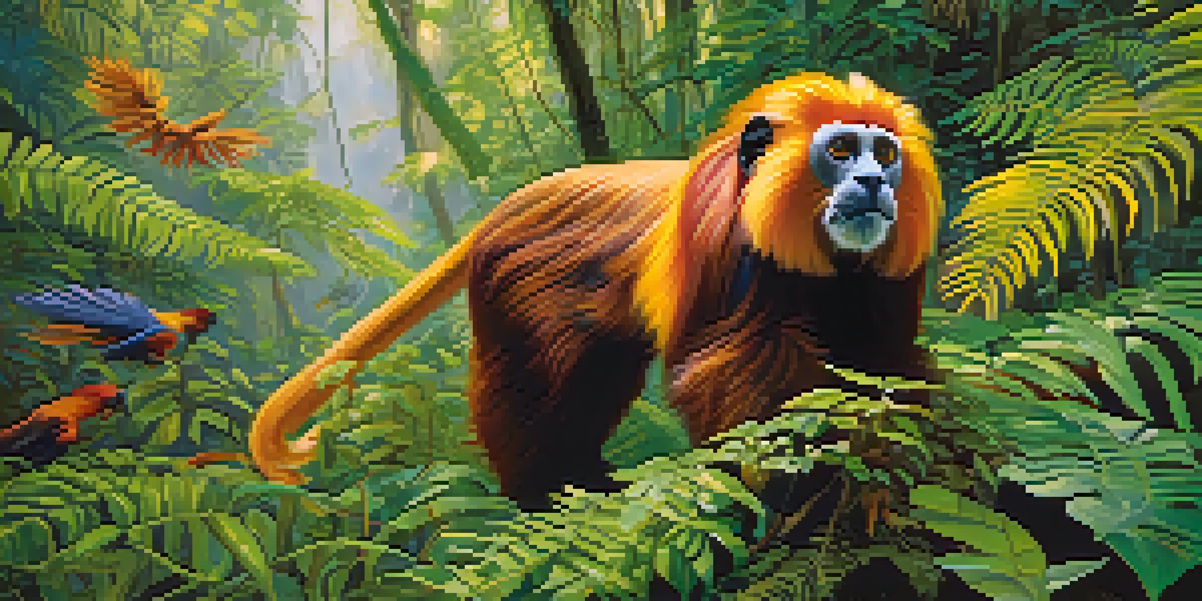 A colorful view of the Atlantic Forest with lush ferns and wildflowers, and a golden lion tamarin in the trees, illuminated by soft sunlight.