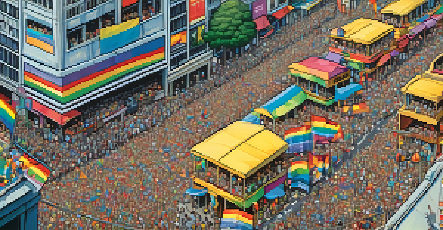 Aerial view of São Paulo Pride, showing a vibrant crowd and decorated floats in the streets with the city skyline in the background.