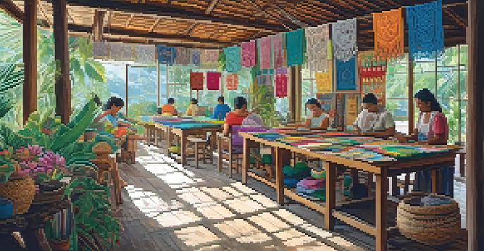 A lively craft workshop in Brazil featuring artisans working on lace-making and embroidery, illuminated by natural light with various handmade crafts displayed.