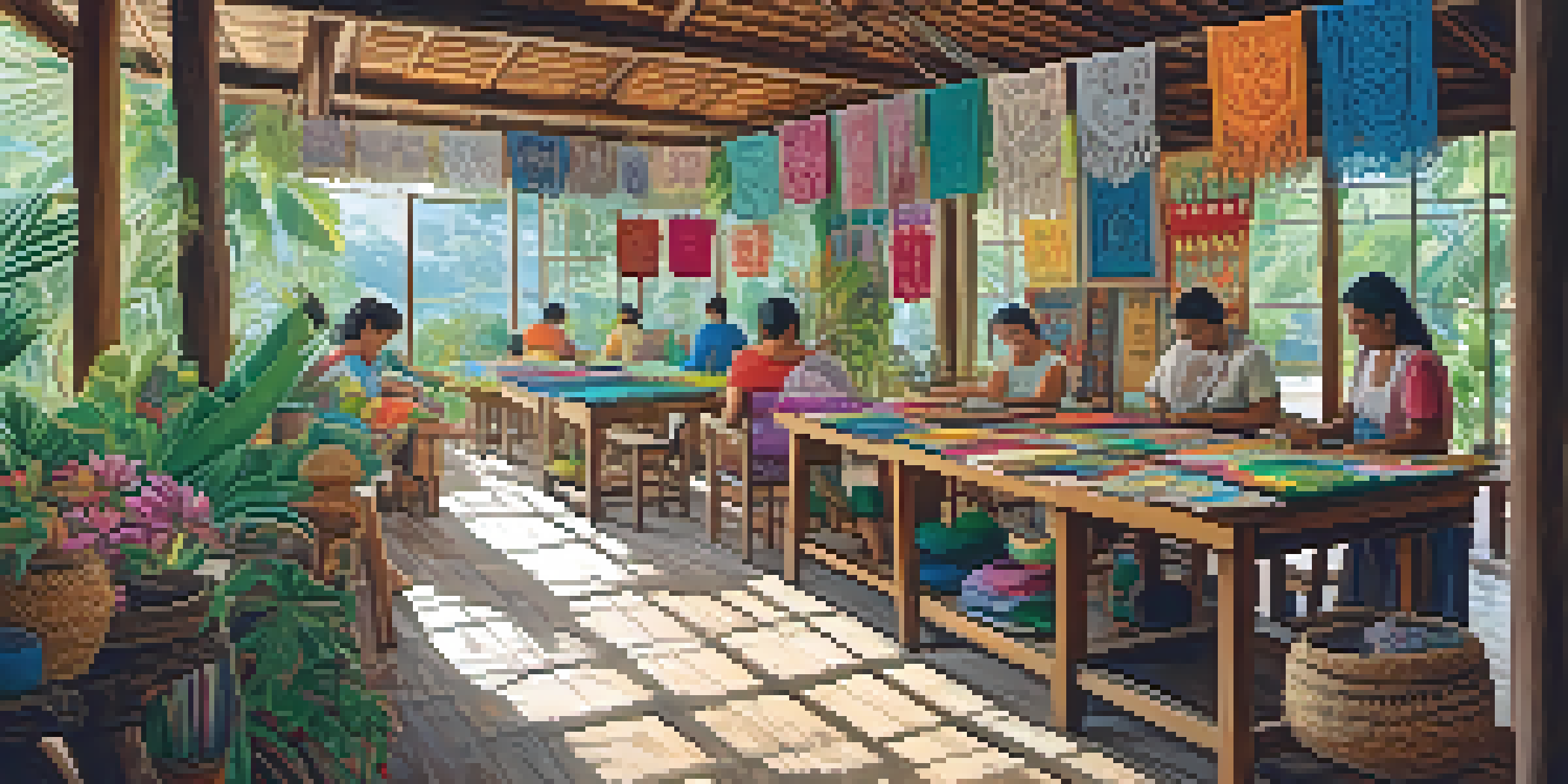 A lively craft workshop in Brazil featuring artisans working on lace-making and embroidery, illuminated by natural light with various handmade crafts displayed.