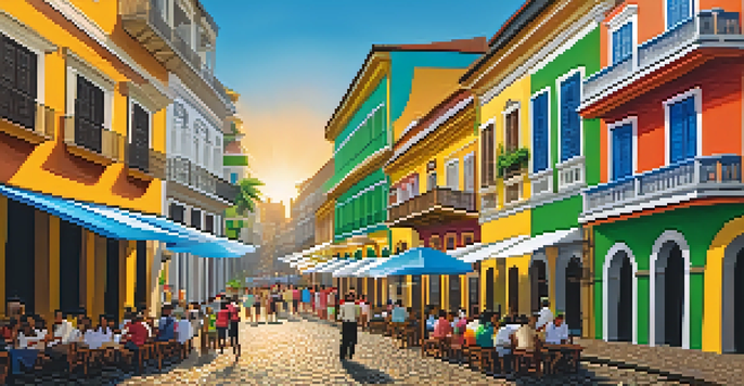 A colorful street in Salvador's Historic Center with colonial architecture, street performers, and local food vendors under afternoon sunlight.