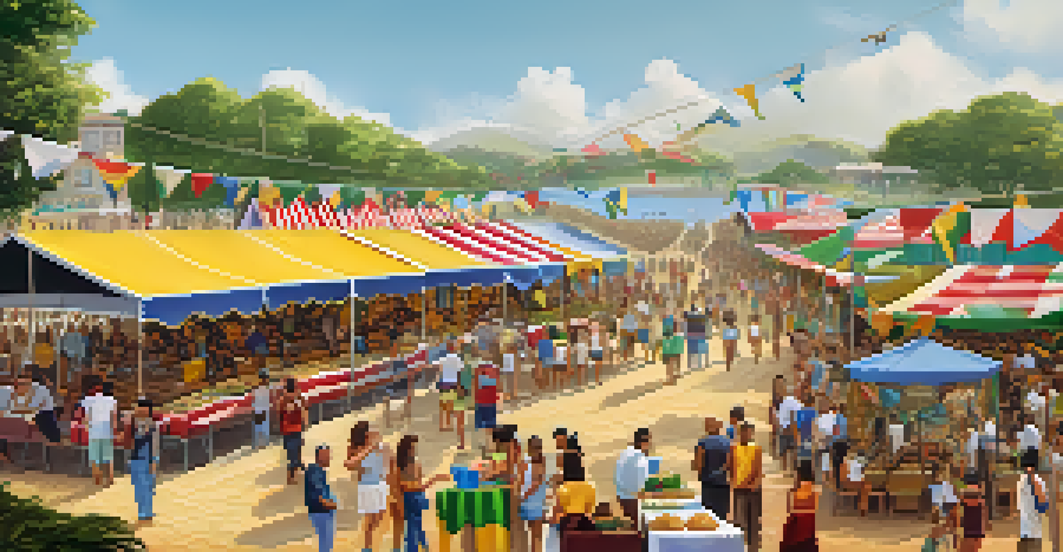 Food stalls at a festival with families enjoying traditional Brazilian dishes and colorful decorations in the background.