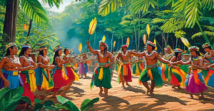 Indigenous participants in traditional clothing dancing at the Festival of the Amazon, surrounded by greenery and colorful decorations.