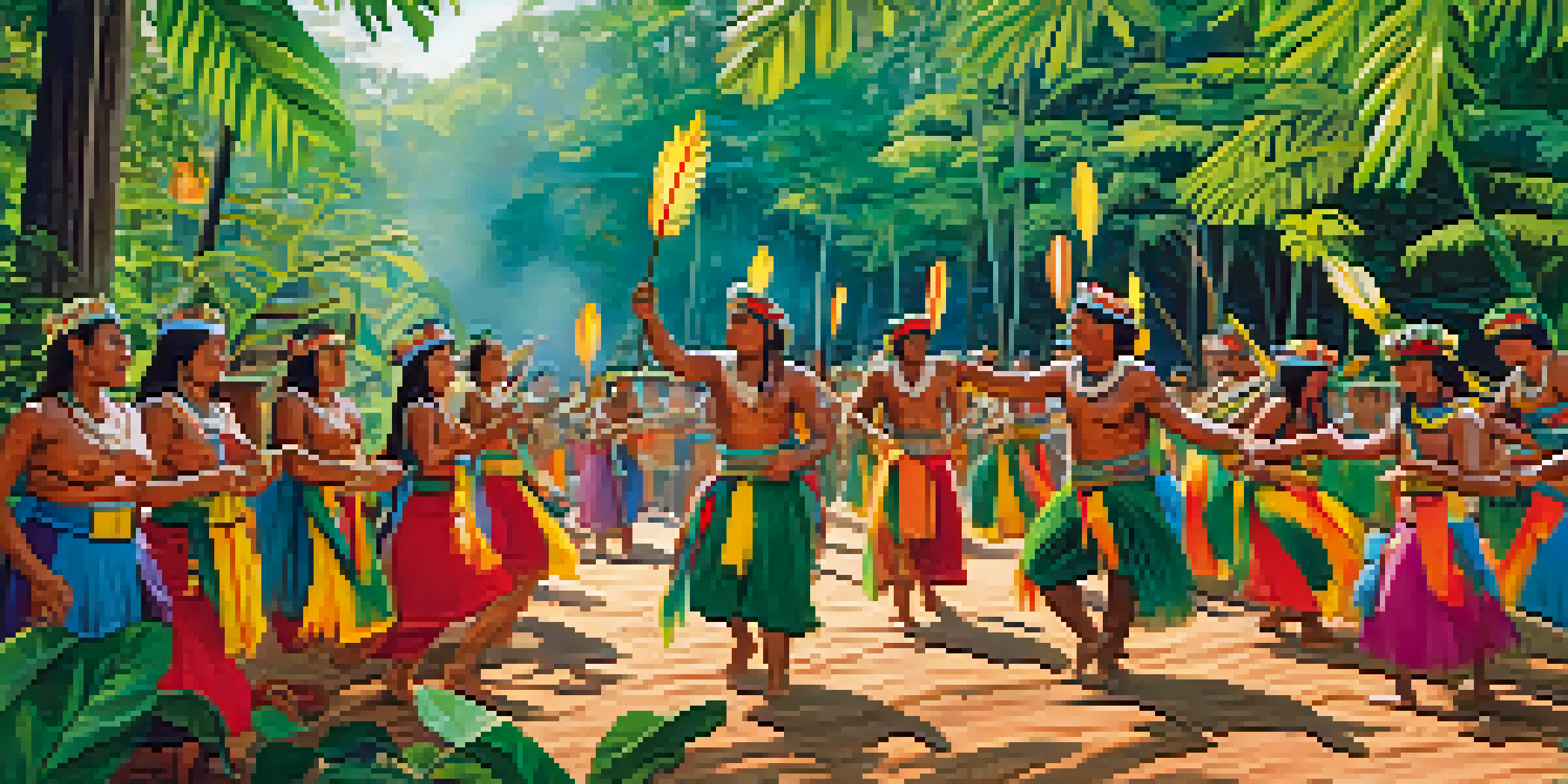 Indigenous participants in traditional clothing dancing at the Festival of the Amazon, surrounded by greenery and colorful decorations.