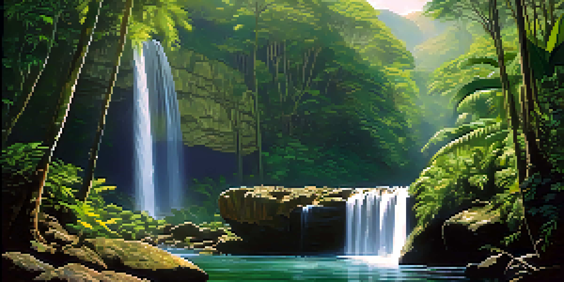 A scenic view of Cascatinha do Roncador waterfall, surrounded by dense green rainforest and vibrant tropical plants, with birds nearby.