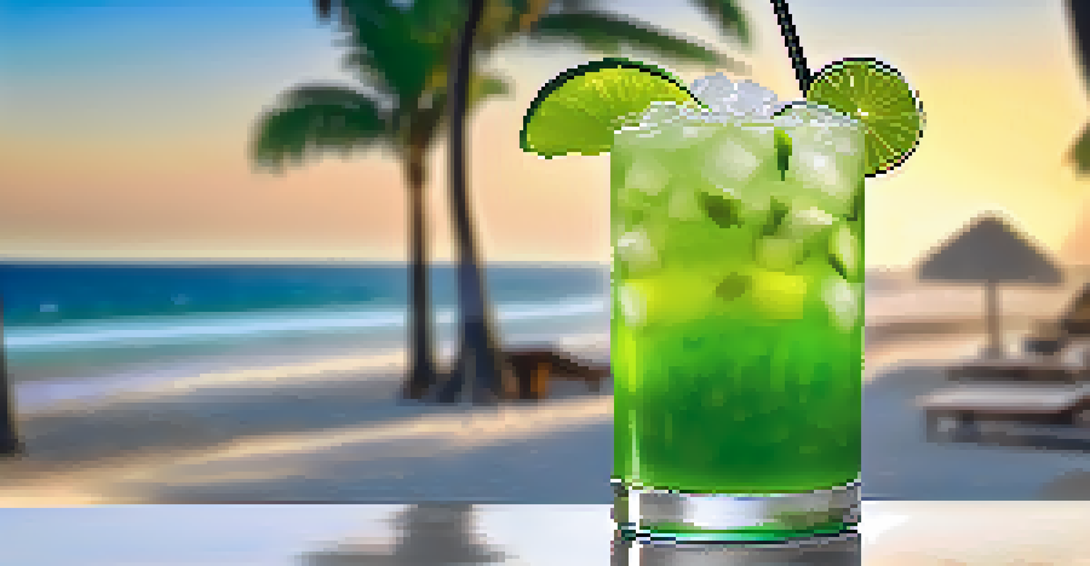 A tall glass of caipirinha cocktail with lime and sugar, set on a beachside table against a backdrop of the ocean and palm trees.