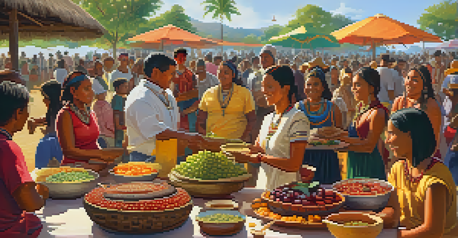 A joyful harvest festival scene with Indigenous families sharing traditional foods in a colorful and festive environment.