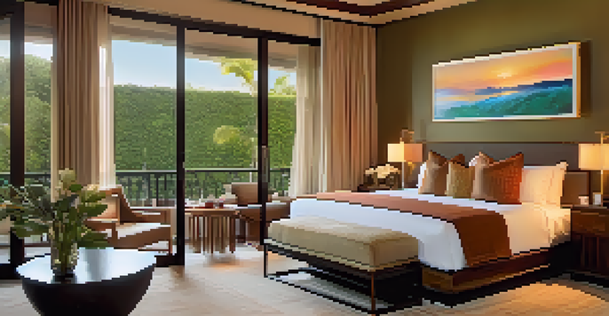 A beautifully decorated boutique hotel room with plush bedding and vibrant artwork, featuring soft lighting and a balcony view of a garden.