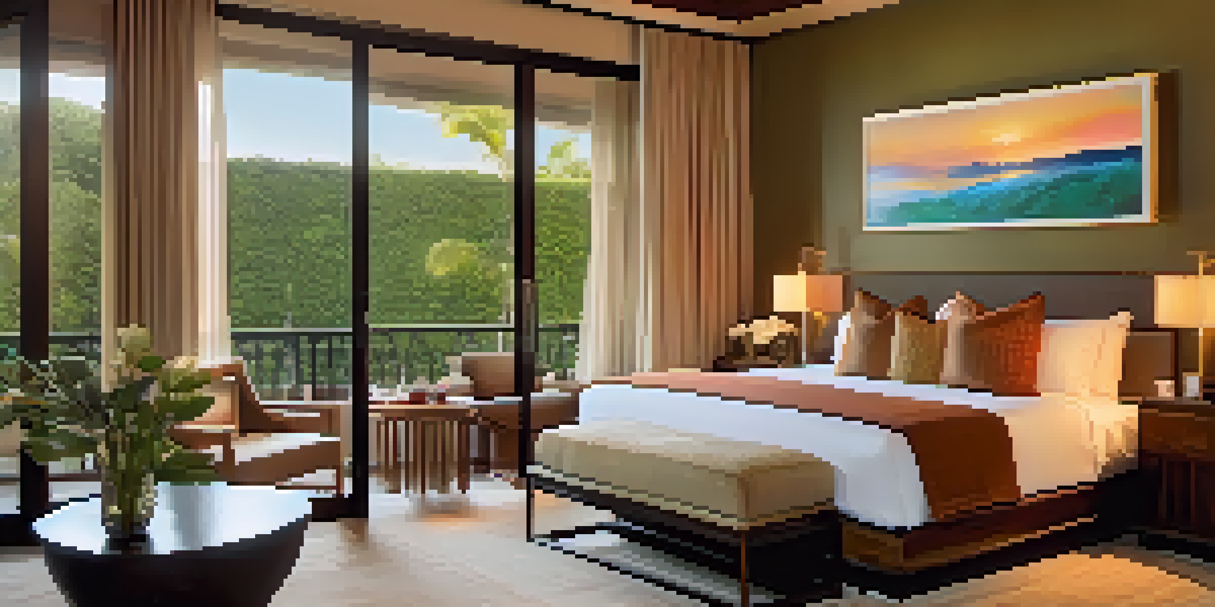 A beautifully decorated boutique hotel room with plush bedding and vibrant artwork, featuring soft lighting and a balcony view of a garden.