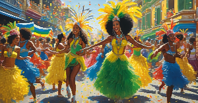 A lively Afro-Brazilian Carnival scene with dancers in colorful costumes, floats, and confetti in a sunlit street.