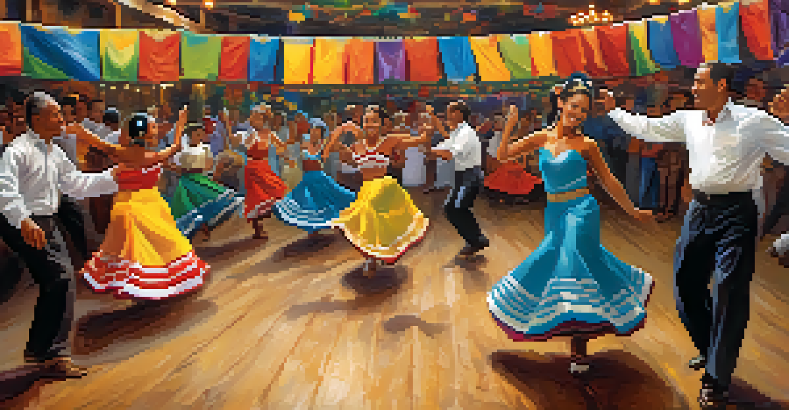 A vibrant forró dance hall with dancers in traditional attire enjoying the energetic dance, surrounded by colorful decorations and a live band.