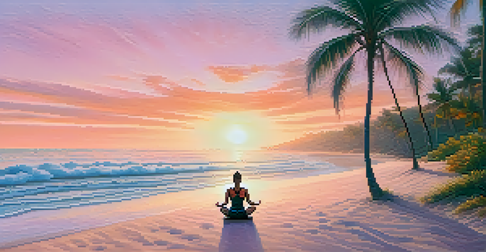 A woman practicing yoga on a beach at sunrise, surrounded by palm trees and calm waves.