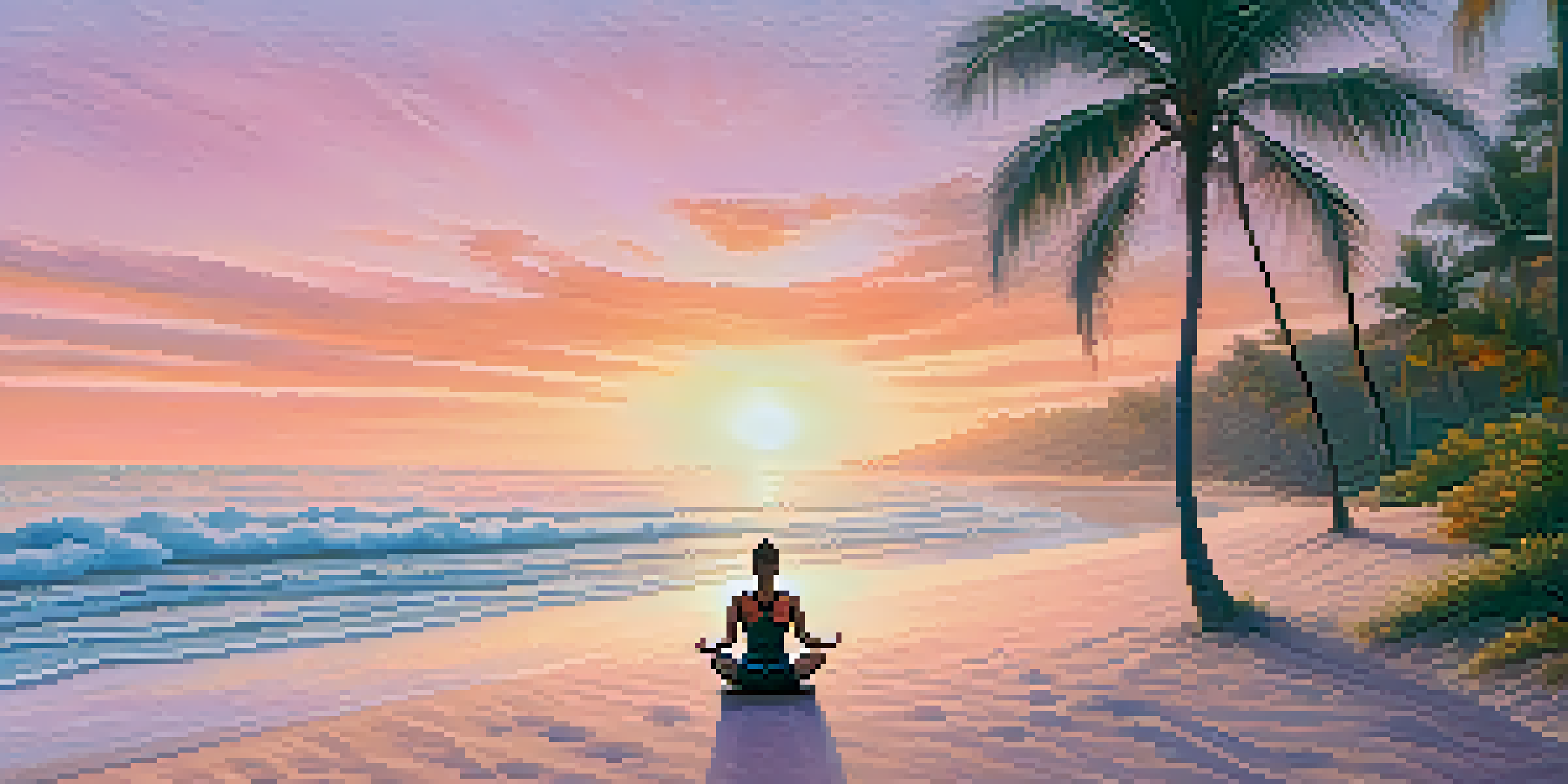 A woman practicing yoga on a beach at sunrise, surrounded by palm trees and calm waves.