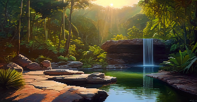 A serene thermal spring in Brazil, with steaming water and surrounded by lush green plants, under a golden sunset.