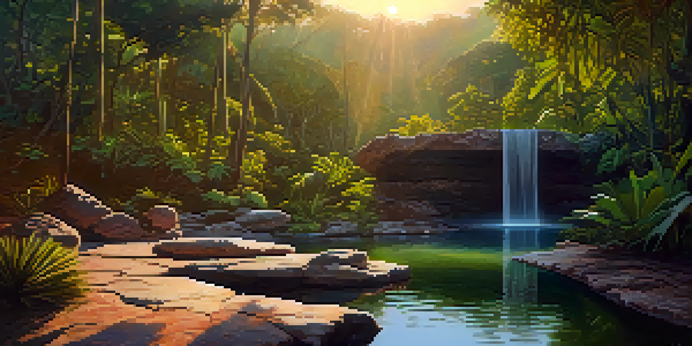A serene thermal spring in Brazil, with steaming water and surrounded by lush green plants, under a golden sunset.