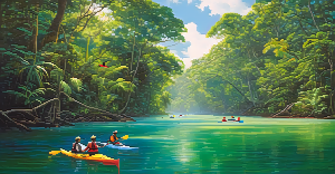 Kayakers paddling on the Amazon River with lush greenery and colorful birds around them.