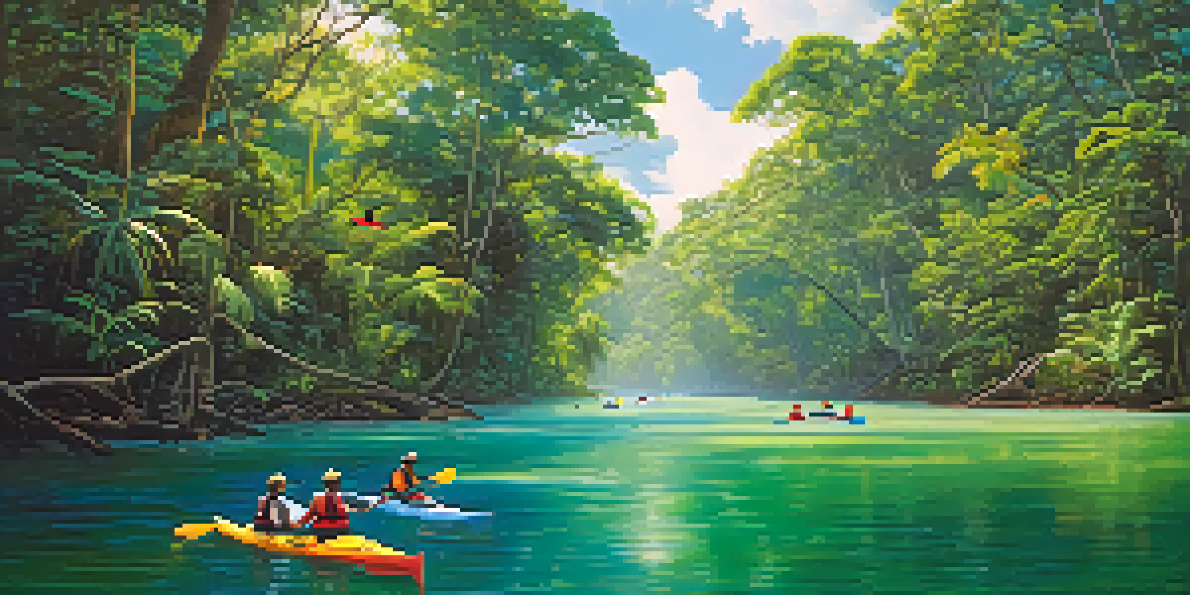Kayakers paddling on the Amazon River with lush greenery and colorful birds around them.
