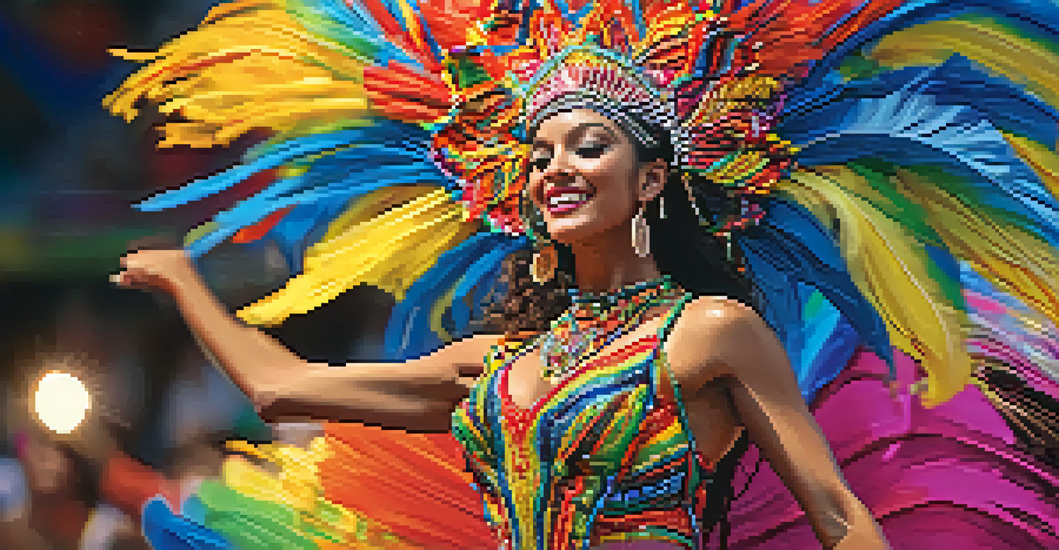 A close-up of a samba dancer in a colorful costume, captured mid-performance with flowing fabric and a festive background.