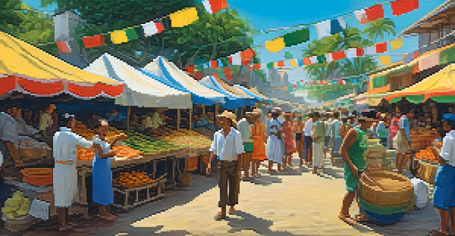 A festive Brazilian market scene with colorful stalls offering traditional foods and drinks, filled with locals in festive attire.