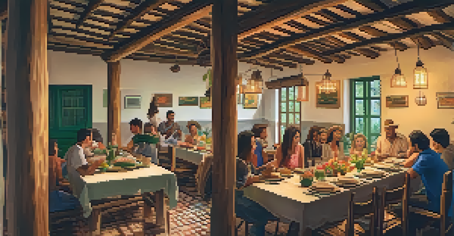 A lively dining scene at a farm stay with guests enjoying traditional Brazilian food around a large wooden table, in a cozy rustic setting.