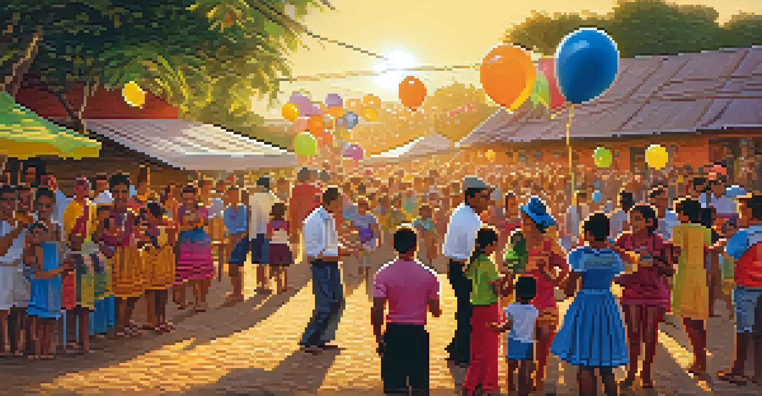 A local samba festival scene with families and friends dancing and sharing food under a warm sunset glow.