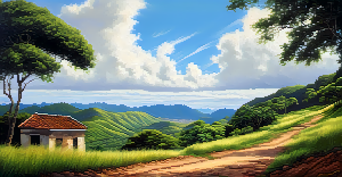 A winding dirt path along the Gold Trail in Brazil, surrounded by green hills and remnants of colonial architecture.