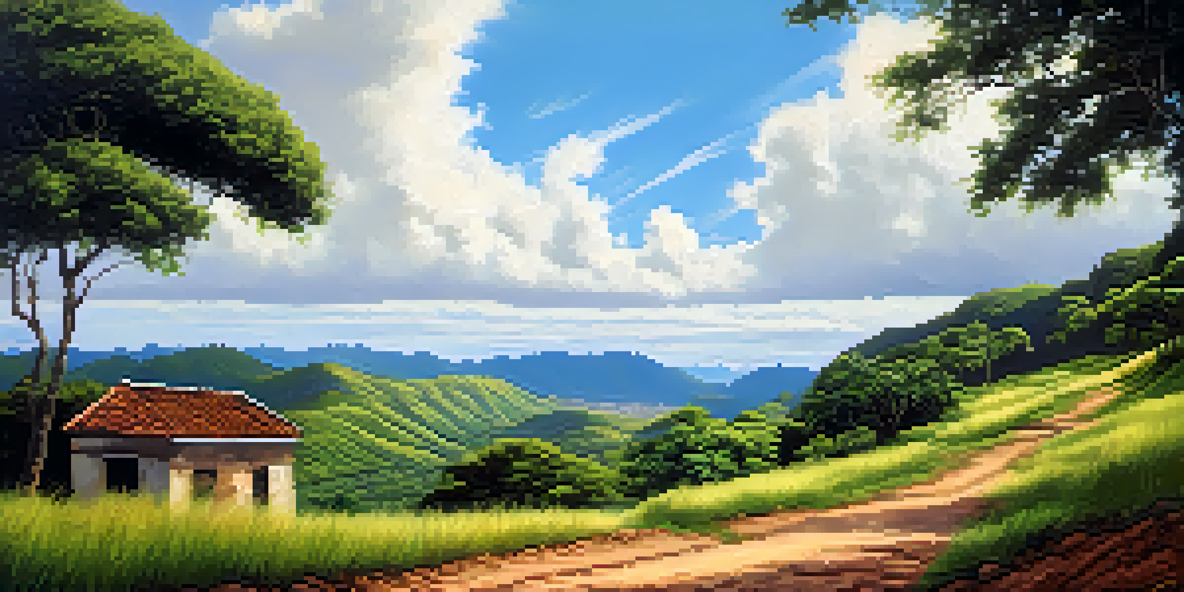 A winding dirt path along the Gold Trail in Brazil, surrounded by green hills and remnants of colonial architecture.