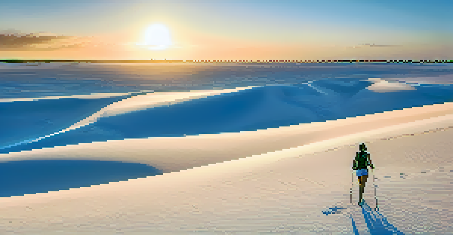 A hiker walking through white sand dunes and blue lagoons in Lençóis Maranhenses National Park.