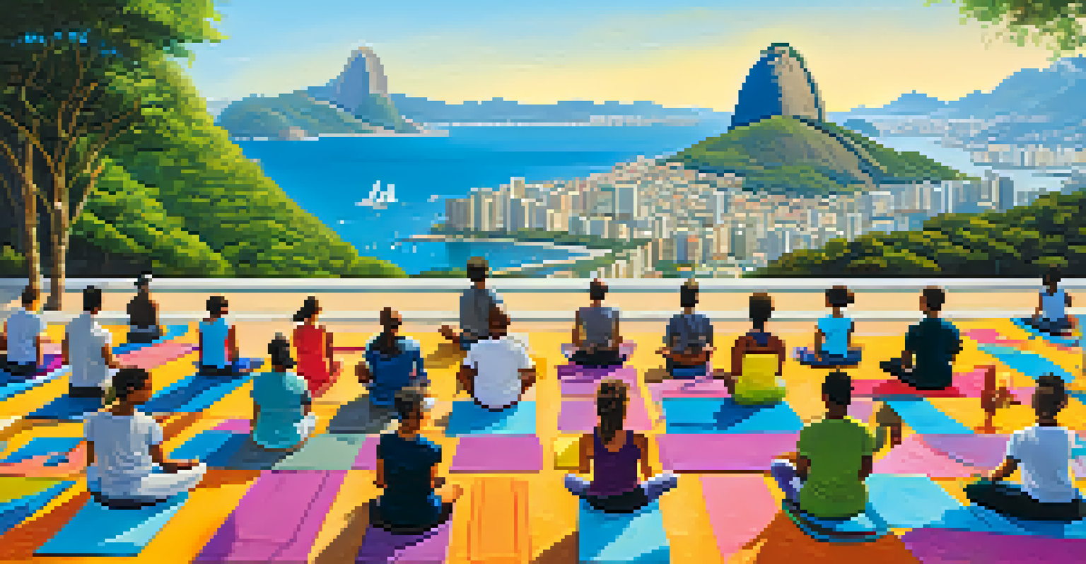 A diverse group practicing yoga outdoors in Rio de Janeiro with Sugarloaf Mountain in the background.