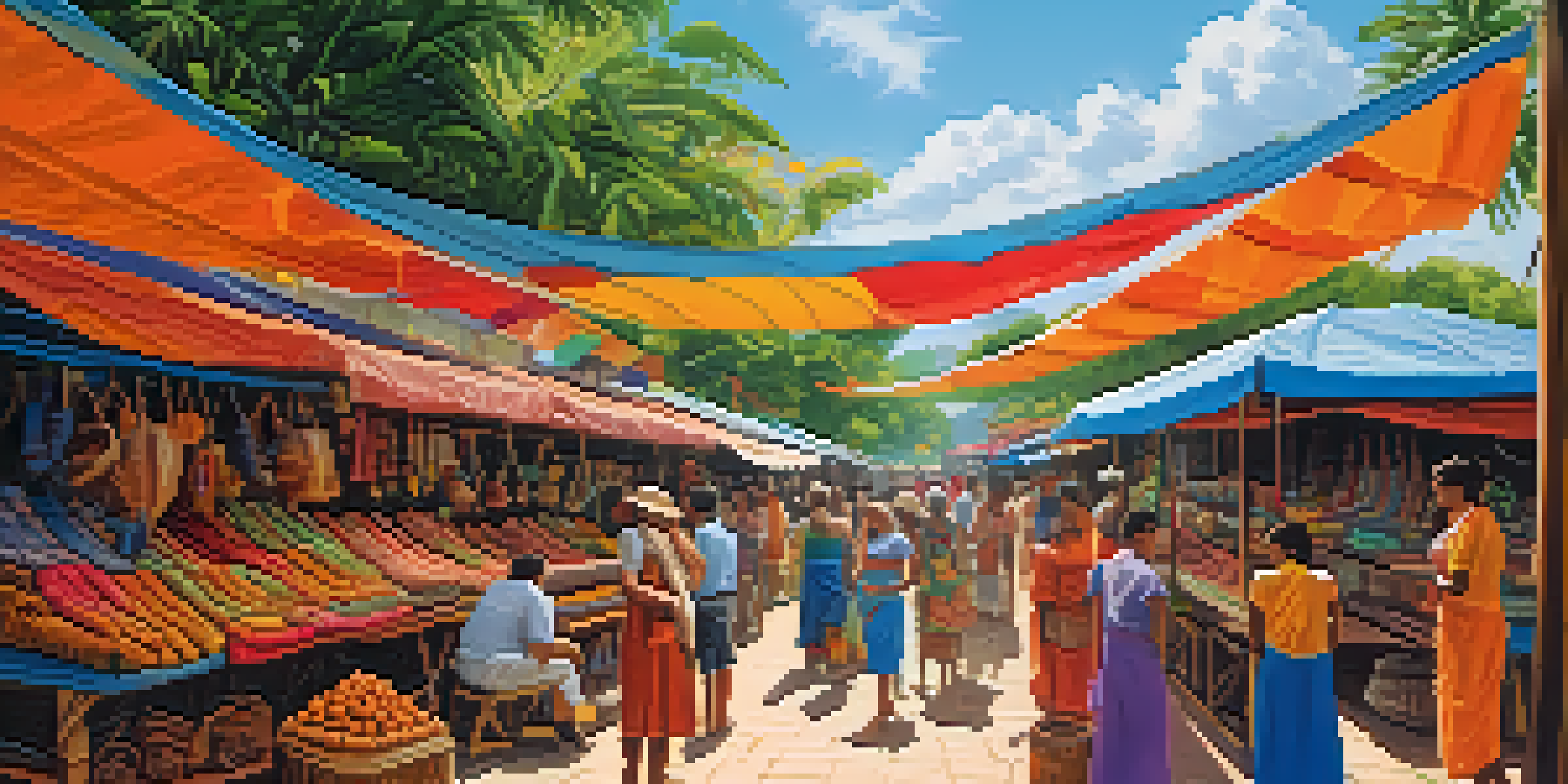 A lively artisan market in Brazil filled with colorful handicrafts, local artisans, and vibrant canopies.