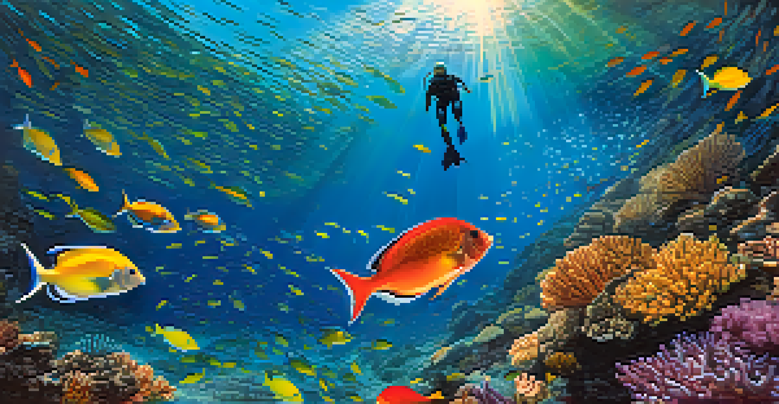 A diver exploring the underwater landscape of the Fernando de Noronha archipelago surrounded by colorful fish.
