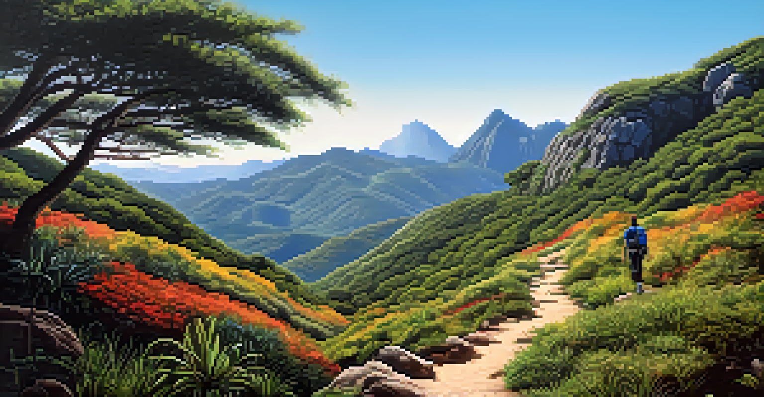 A hiking trail with colorful plants and mountains in the background, with a hiker in the distance.