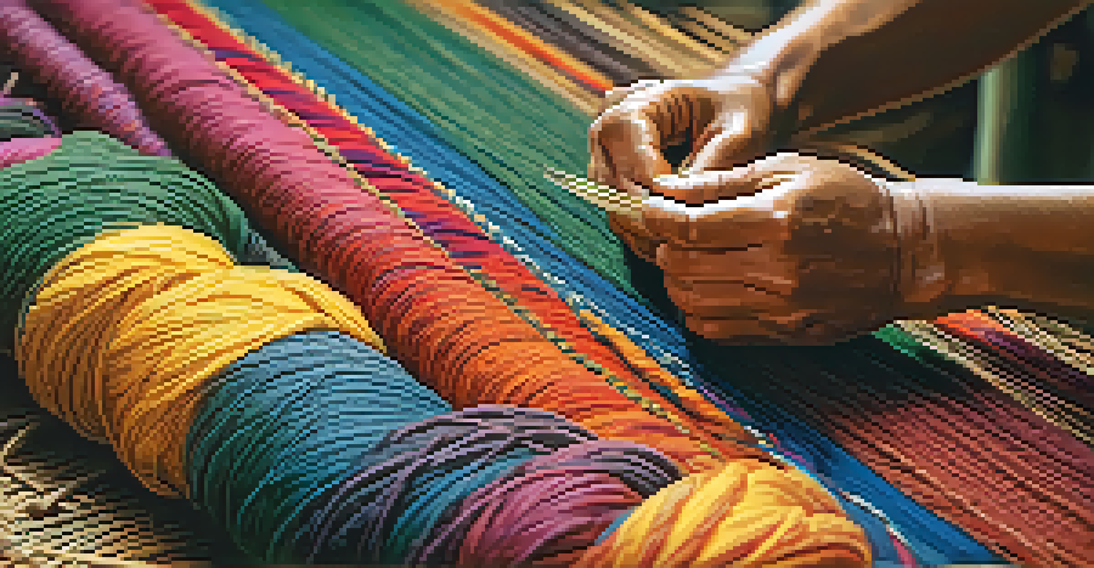 A close-up of hands weaving colorful traditional Brazilian textiles in a workshop filled with spools of thread and natural dyes.