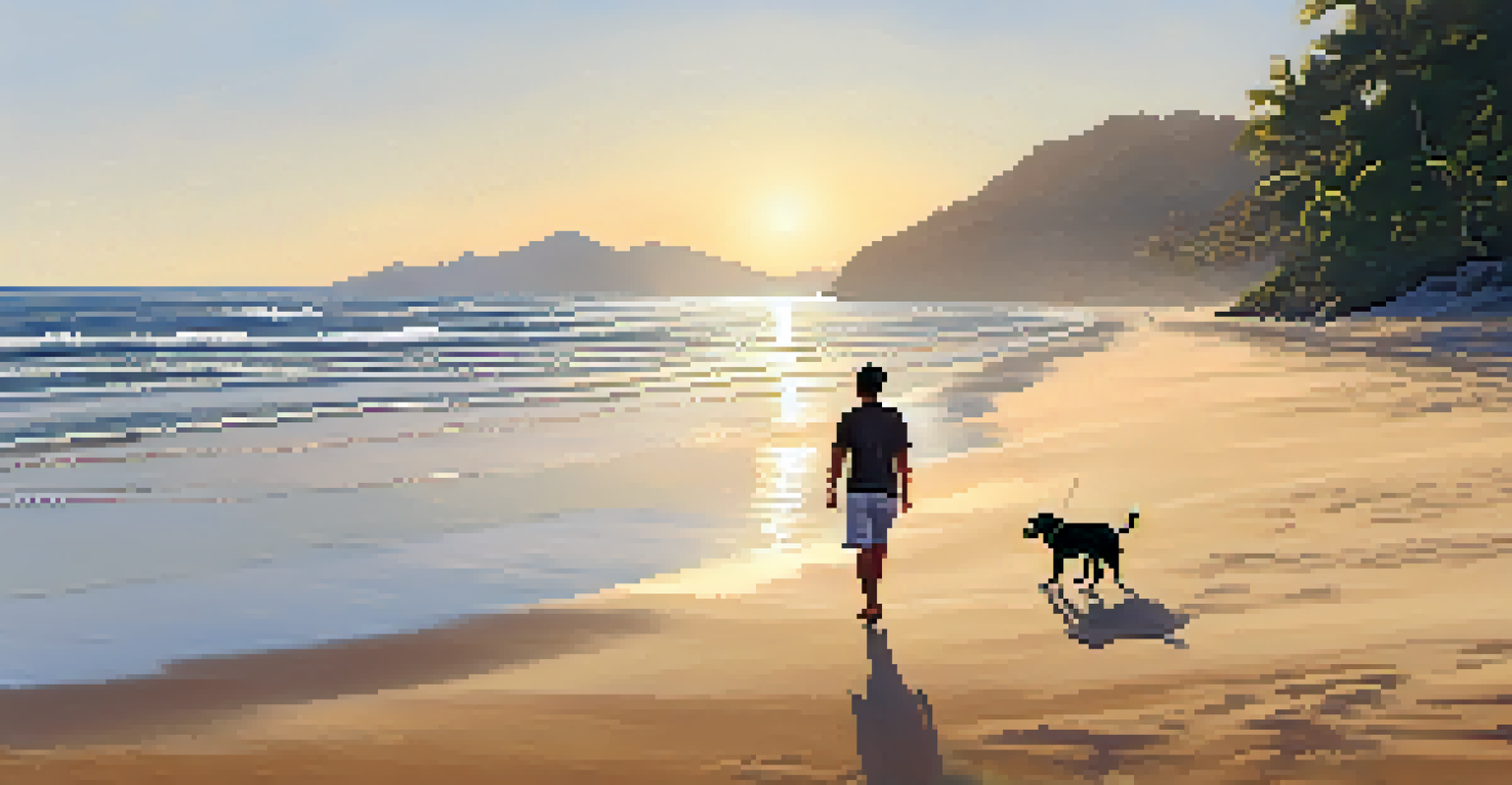 A peaceful beach scene at Praia da Barra do Sahy with a person walking a dog along the shoreline.