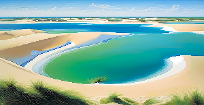 A wide view of Lençóis Maranhenses National Park with white sand dunes and blue lagoons under a clear sky.
