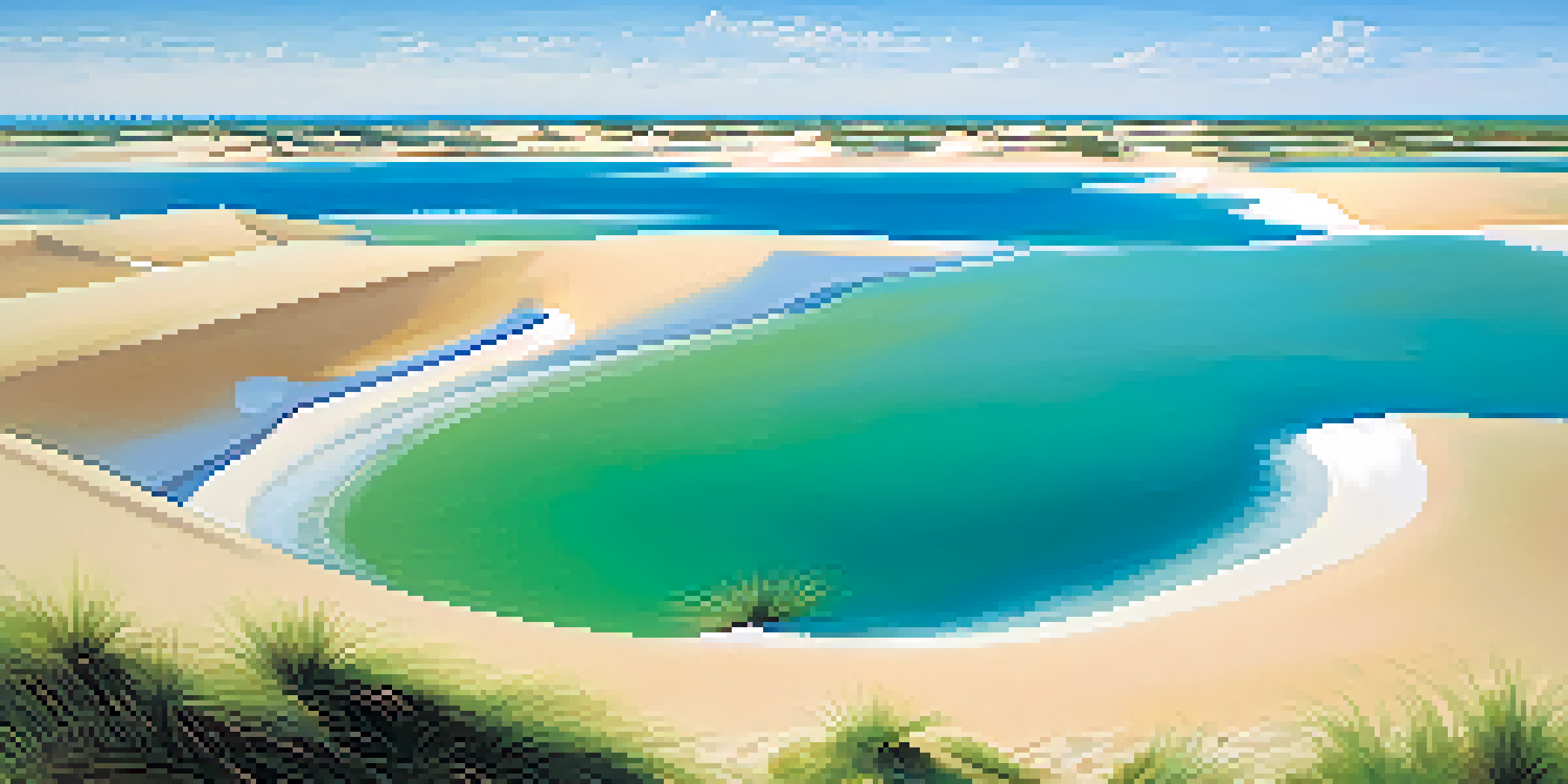 A wide view of Lençóis Maranhenses National Park with white sand dunes and blue lagoons under a clear sky.