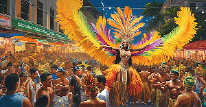 A lively Carnival scene in Rio de Janeiro with samba dancers in colorful costumes and a grand float surrounded by an enthusiastic crowd.