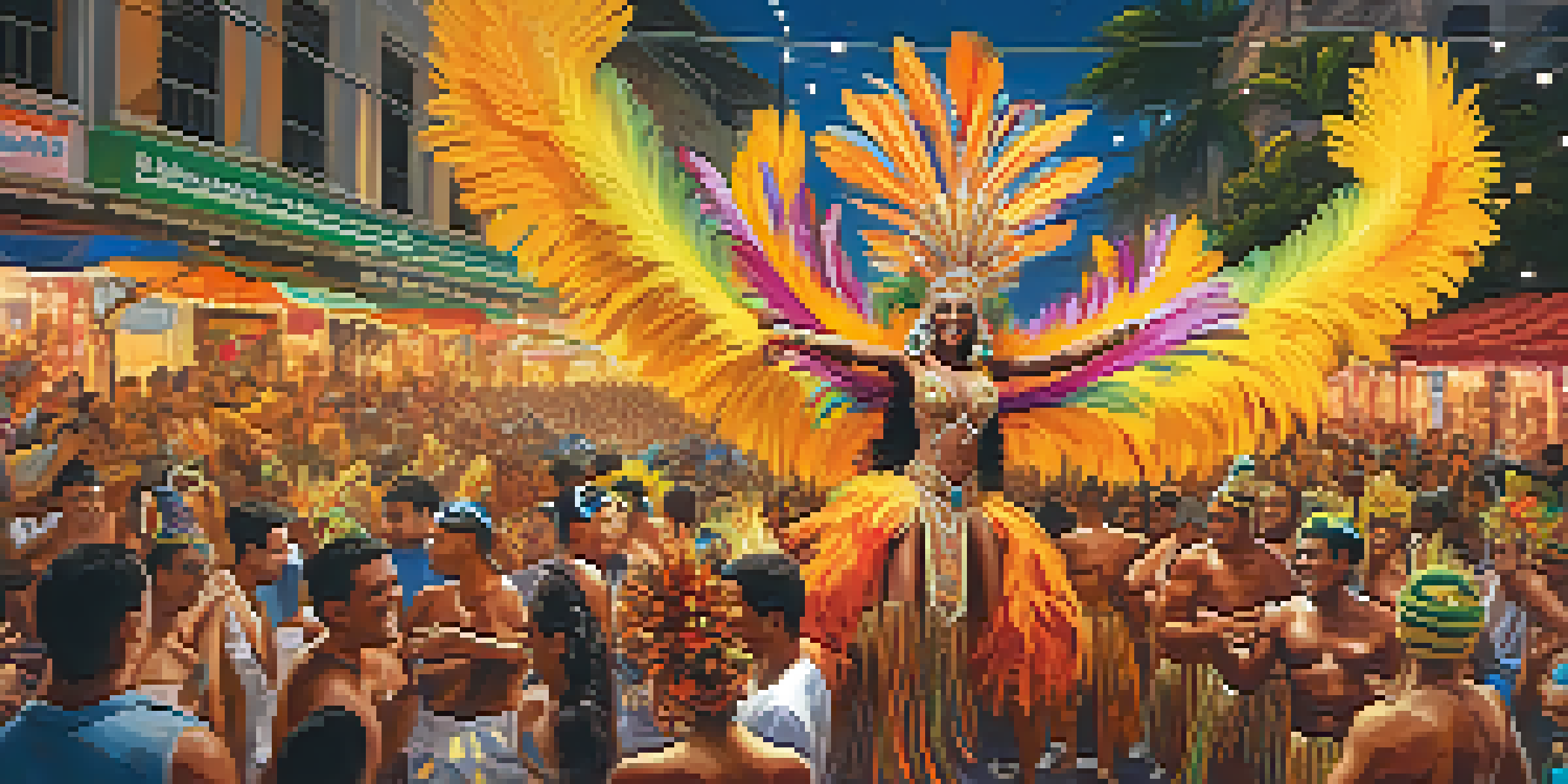 A lively Carnival scene in Rio de Janeiro with samba dancers in colorful costumes and a grand float surrounded by an enthusiastic crowd.