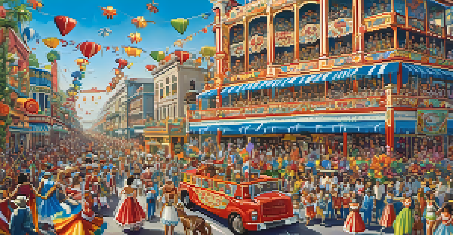 Aerial view of a colorful Carnival parade with elaborate floats and joyful crowds, under a clear blue sky.