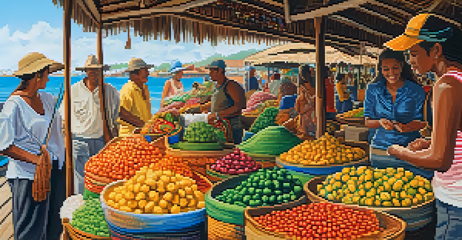 A bustling market on a boat tour, filled with colorful stalls, artisans displaying crafts, and tourists engaging with locals under a warm sun.